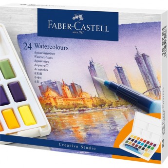 Акварель художественная FABER-CASTELL WATERCOLOURS, 24 цвета, кюветы, + кисть "Water Brush"+ съемная палитра, пластиковая упаковка