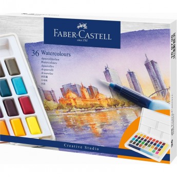 Акварель художественная FABER-CASTELL WATERCOLOURS, 36 цветов, кюветы, + кисть "Water Brush"+ съемная палитра, пластиковая упаковка