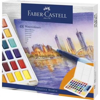 Акварель художественная FABER-CASTELL WATERCOLOURS, 48цв., кюветы, + кисть "Water Brush"+ съемная палитра