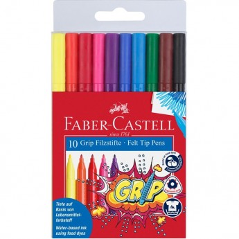 Фломастеры FABER-CASTELL GRIP, 10 цветов, трехгранные, смываемые, пластиковая упаковка