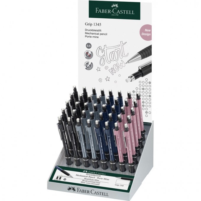 Карандаш механический FABER-CASTELL "GRIP 1345" B, 0,5 мм, грип, с ластиком, автоподача грифеля, ассорти, дисплей FR-134545