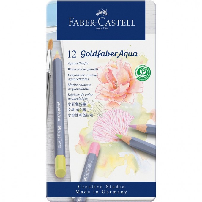 Карандаши акварельные художественные FABER-CASTELL GOLDFABER AQUA, 12 цветов пастельных , металлическая коробка FR-114622