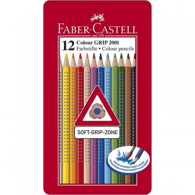 Карандаши цветные FABER-CASTELL GRIP, 12 цветов, трехгранные, металлическая коробка FR-112413