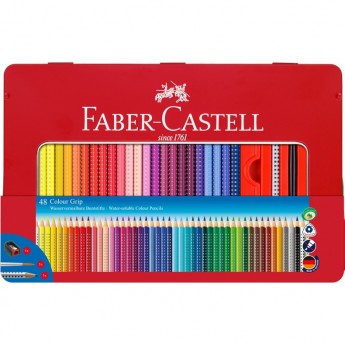 Карандаши цветные FABER-CASTELL GRIP, 48 цветов, трехгранные, заточеные, точилка, кисть, металлическая коробка