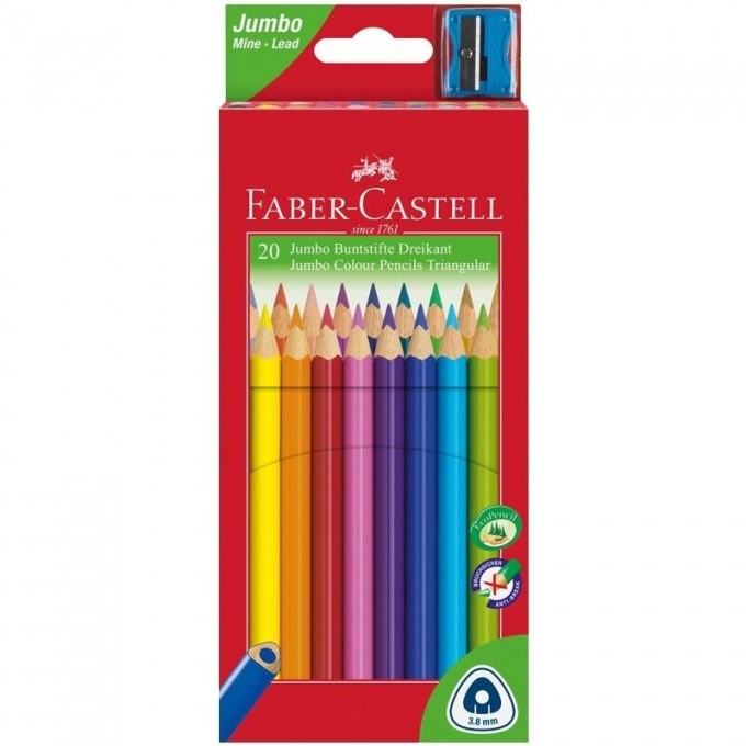 Карандаши цветные FABER-CASTELL JUMBO 20 цветов, трехгранные, утолщенные, картонная упаковка, с точилкой FR-116520