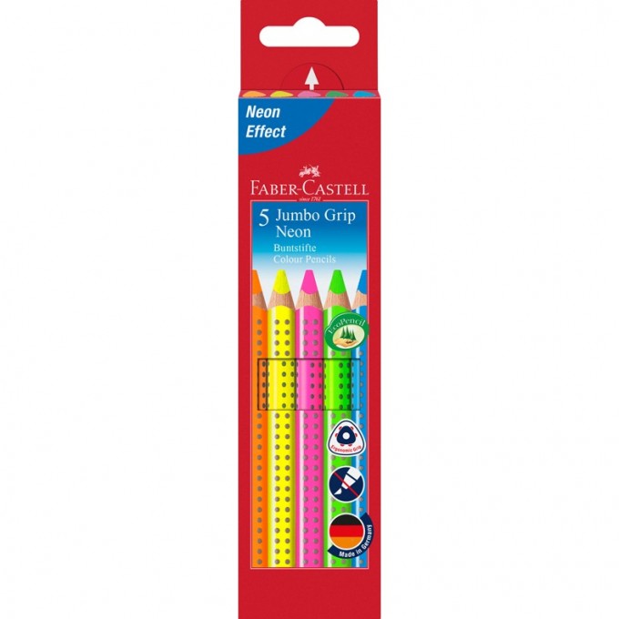 Карандаши цветные FABER-CASTELL JUMBO GRIP NEON, 5 цветов, неон, трехгранные, заточеные FR-110994