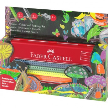 Карандаши цветные FABER CASTELL JUMBO GRIP NEON+METALLIC, 10 цветов, трехгранные, утолщенные, заточенные