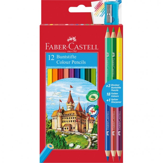 Карандаши цветные FABER-CASTELL ЗАМОК, 12 цветов, шестигранные, заточеные +6 цветов + точилка FR-110312