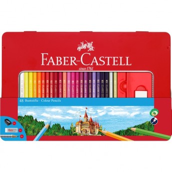 Карандаши цветные FABER-CASTELL ЗАМОК, 48 цветов, трехгранные, заточеные + ластик + точилка, металлическая коробка