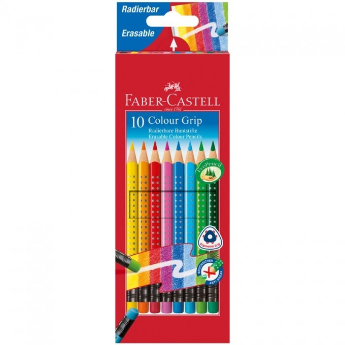 Карандаши цветные стираемые FABER-CASTELL GRIP, 10 цветов, картон FR-116613