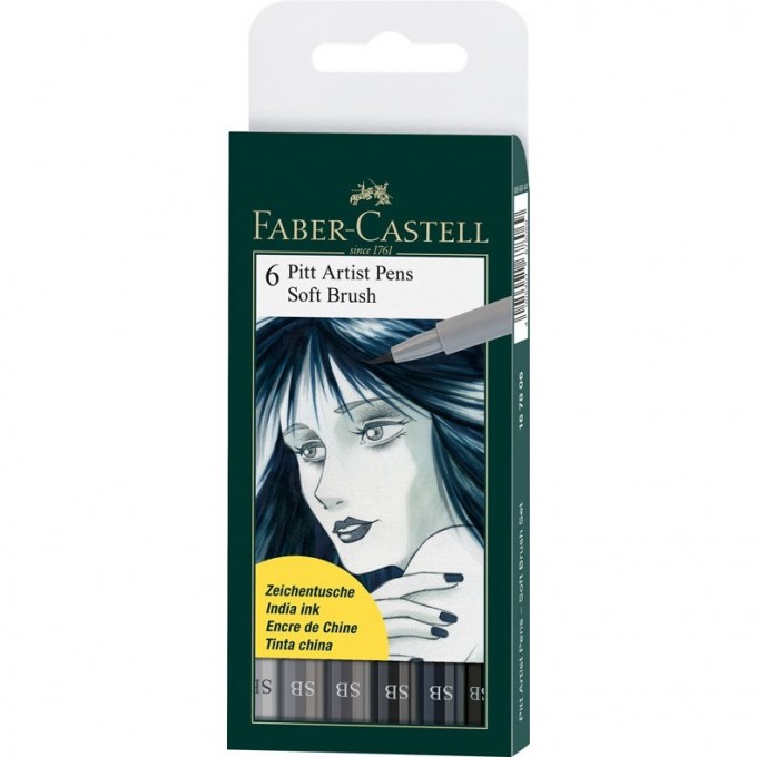 Набор капиллярных ручек FABER-CASTELL PITT ARTIST PEN SOFT BRUSH 6 цветов, 6шт., пластиковая упаковка FR-167806