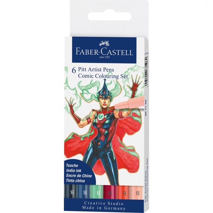 Набор капиллярных ручек FABER-CASTELL PITT ARTIST PENS COMIC COLOURING BRUSH ассорти, 6 шт FR-267196