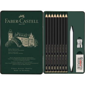 Набор карандашей ч/г матовых FABER-CASTELL PITT GRAPHITE MATT, HB, 2B, 4B, 6B, 8B, 10B, 12B, 14B, заточенные, ластик, метал.точилка, растушевка