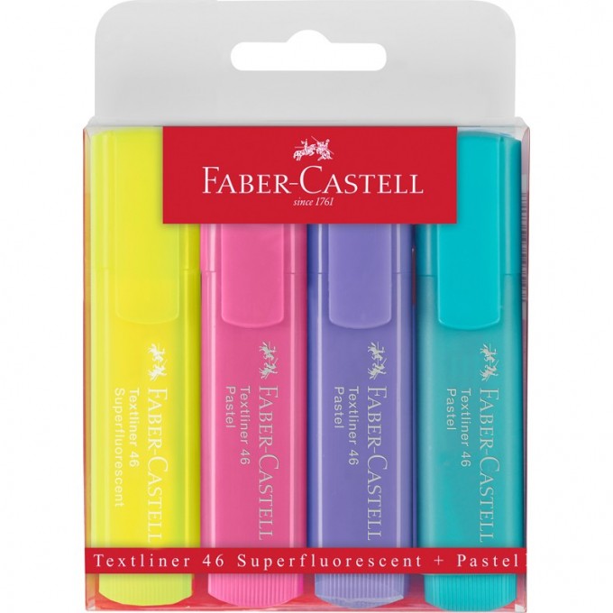 Набор текстовыделителей FABER-CASTELL 46 SUPERFLUORESCENT+PASTEL 2 флуоресцентных цвета + 2 пастельных цвета, 1-5м FR-154610