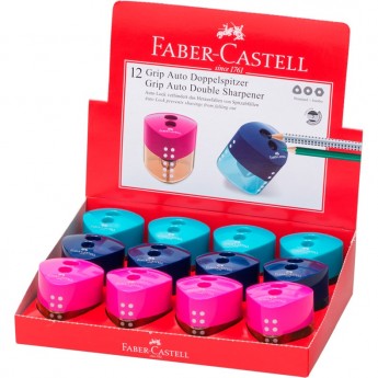 Точилка пластиковая со "шторкой" FABER-CASTELL GRIP AUTO 2 отверстия, контейнер, розовая/бирюзовая/синяя
