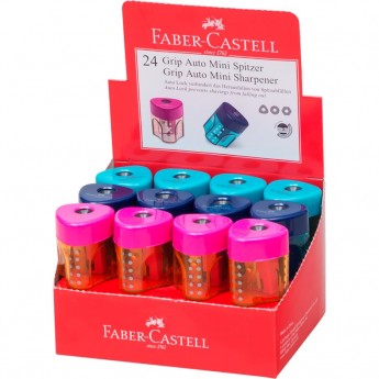 Точилка пластиковая со "шторкой" FABER-CASTELL GRIP AUTO MINI 1 отверстие, контейнер, розовая/бирюзовая/синяя